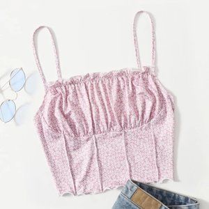 Pink ruched bust stitch trim ditsy floral cropped tank top